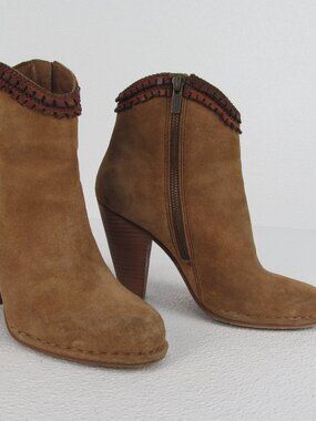 Frye Madeline Trim Short Heeled Suede Ankle Boots Tan Brown Women’s 7.5 M